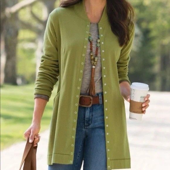 Soft Surroundings Women Northport Jacket PXL Olive Green Snap Front Lagenlook - Picture 11 of 11